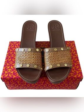 Tory Burch Joanie Straw Wedge Slides Tan‎ Studded 9.5 Boho